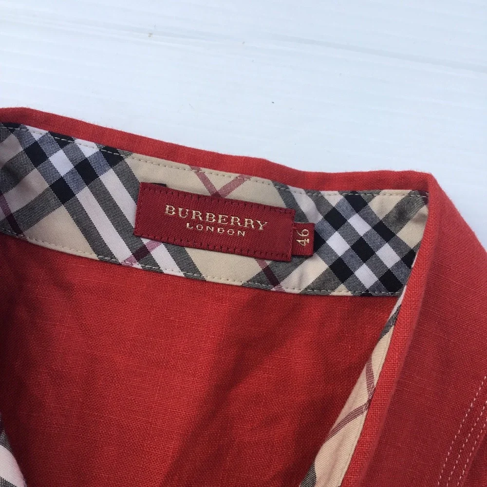 Burberry London Red 100% Linen Short Sleeve Button Down Shirt Nova Check Trim 46